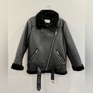 ZARA BLACK FAUX LEATHER SHEARLING FUR DOUBLE FACED BIKER JACKET AVIATOR COAT NEW
